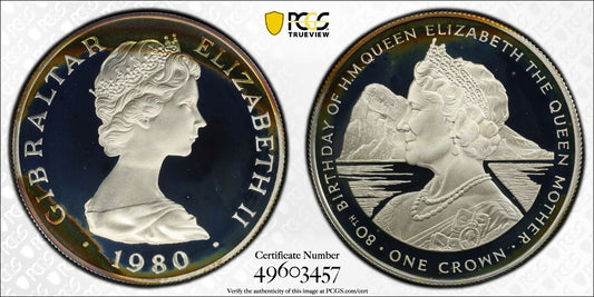 1980 PR 68 DCAM Crown Gibraltar PCGS Queen Elizabeth 80th Birthday Silver 515