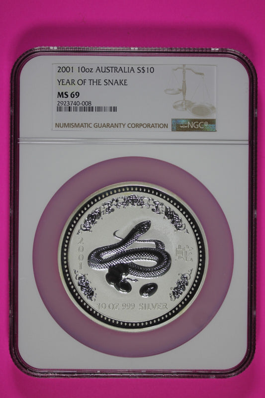 Top Pop Finest Known 2001 MS 69 10 OZ Silver Australia Year Of Snake NGC 7012