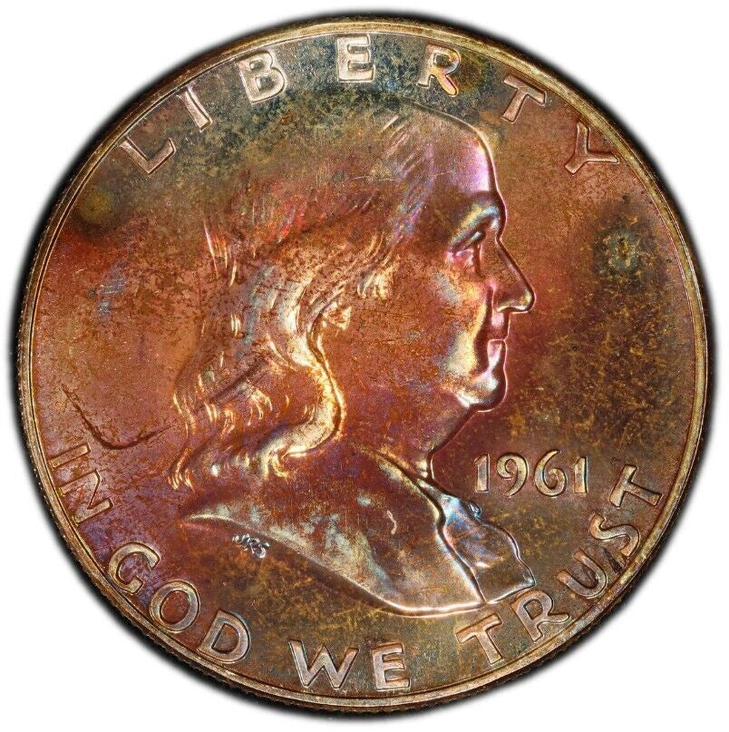 Rainbow Toned 1961 Silver PR 65 Ben Franklin Half PCGS Graded Authentic Slab 170