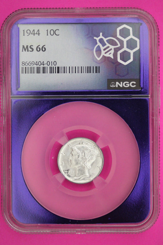 1944 P MS 66 Mercury Liberty Dime NGC Purple Bee Hive Label Graded Certified 917