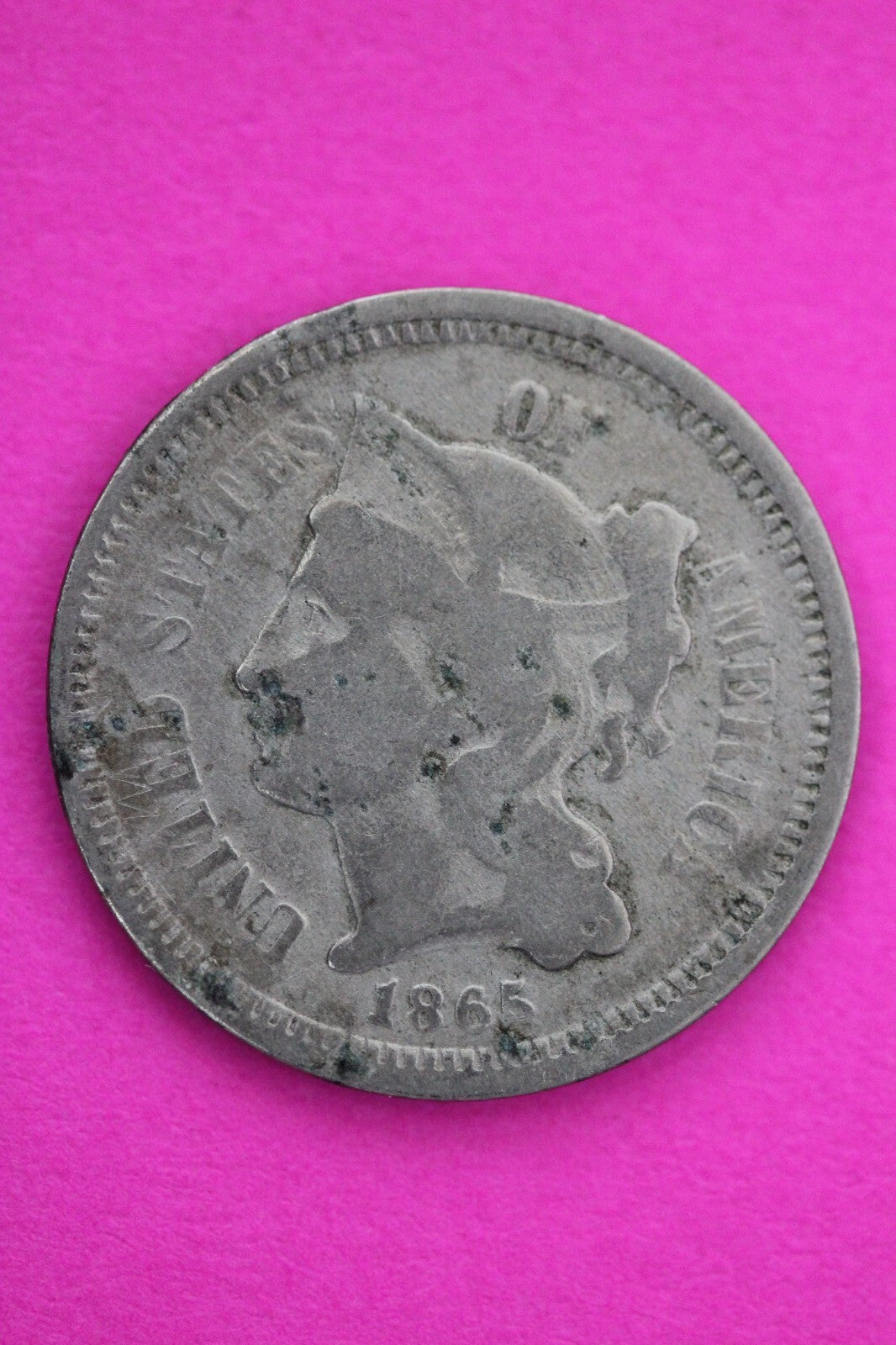 1865 Three 3 Cent Nickel Scarce Semi Key Date Type Coin Philadelphia Mint 184