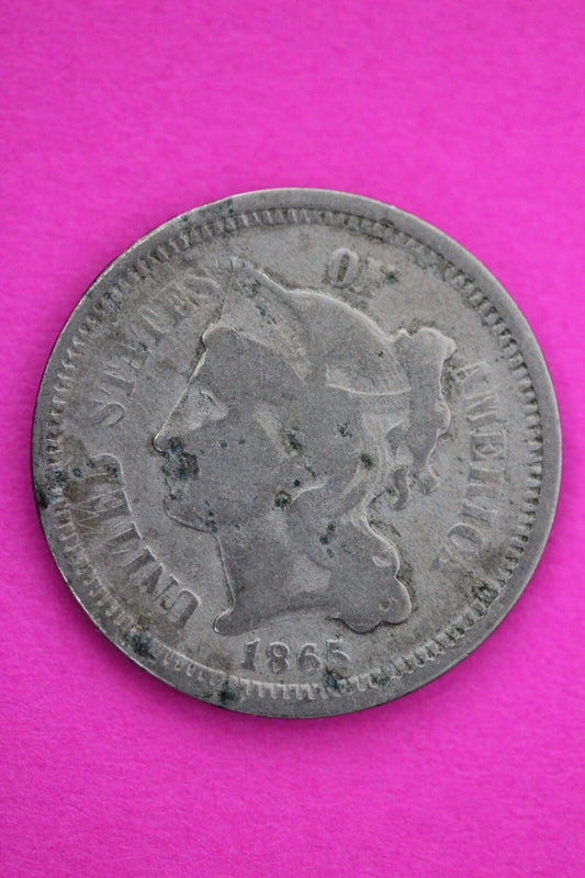 1865 Three 3 Cent Nickel Scarce Semi Key Date Type Coin Philadelphia Mint 184