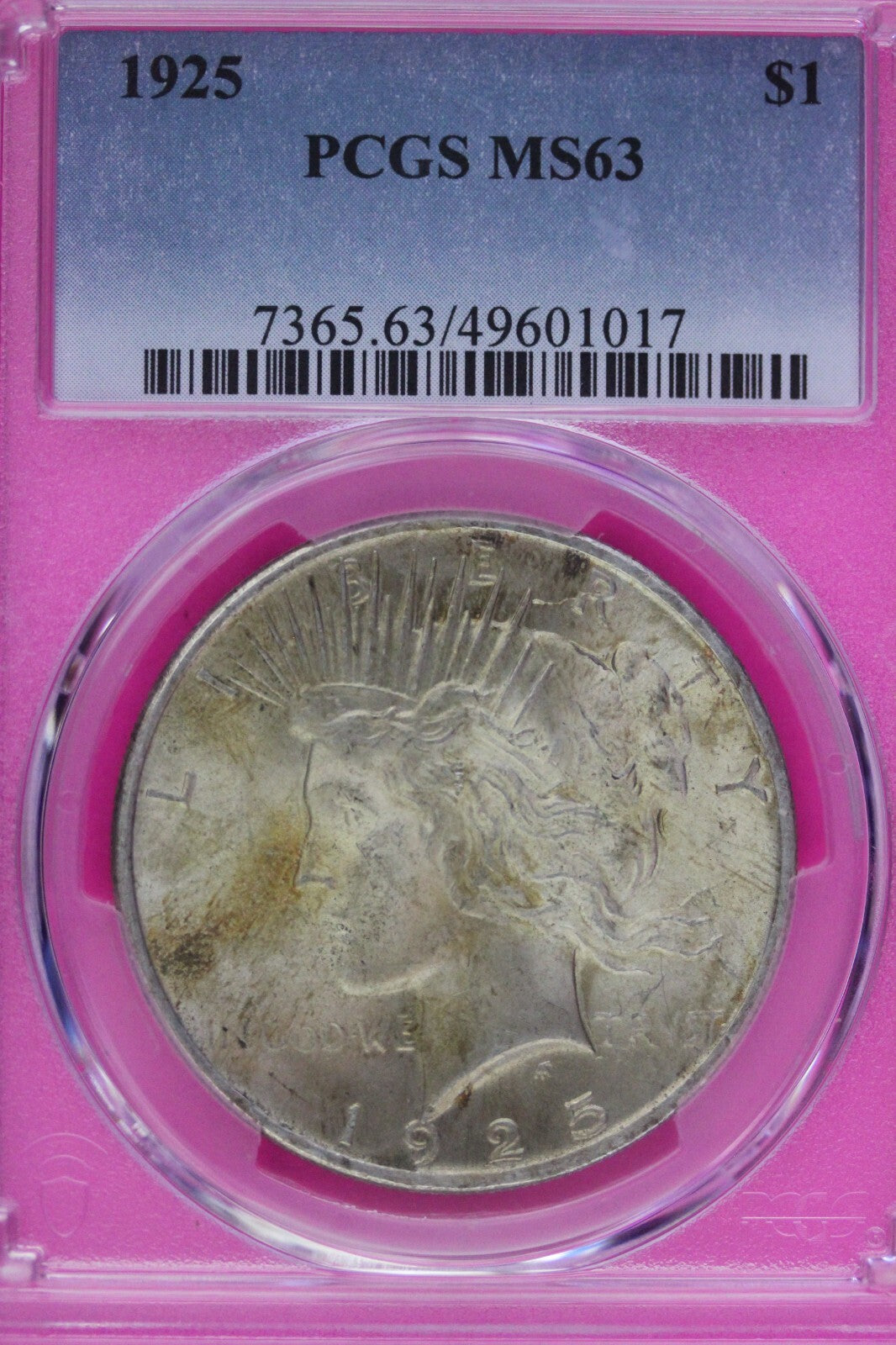 Toned 1925 P MS 63 Peace Silver Dollar PCGS Graded Certified Authentic Slab 390