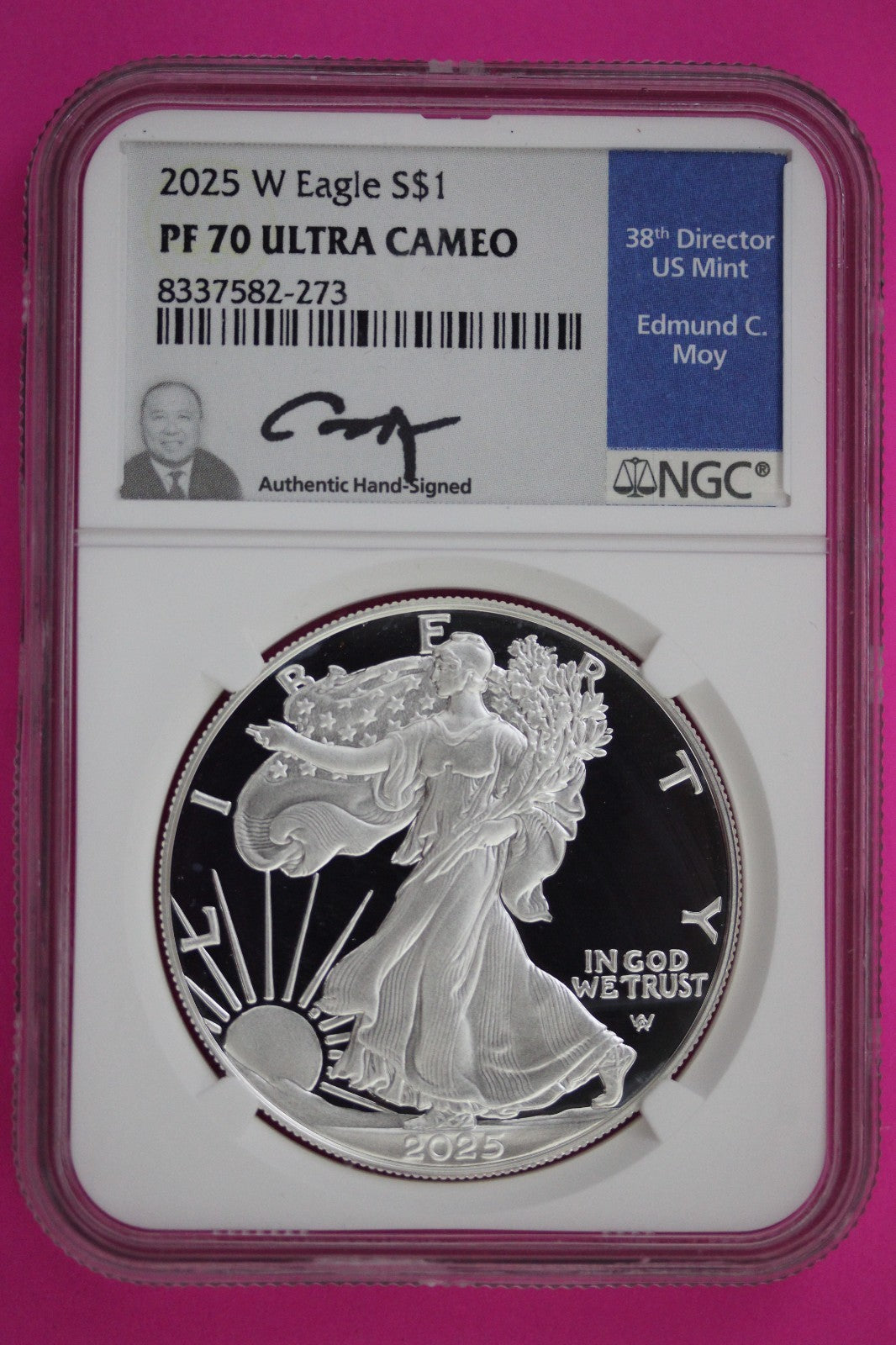 2025 W PF 70 Silver Eagle Moy Signature Proof Ultra Cameo 1 OZ NGC Slab 894