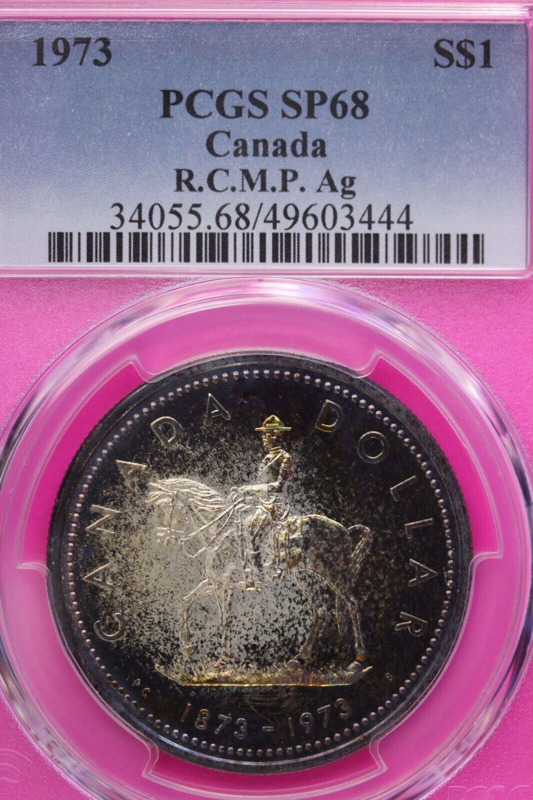 Rainbow Toned 1973 SP 68 Canada RC Mounted Police Silver Dollar PCGS Graded 738