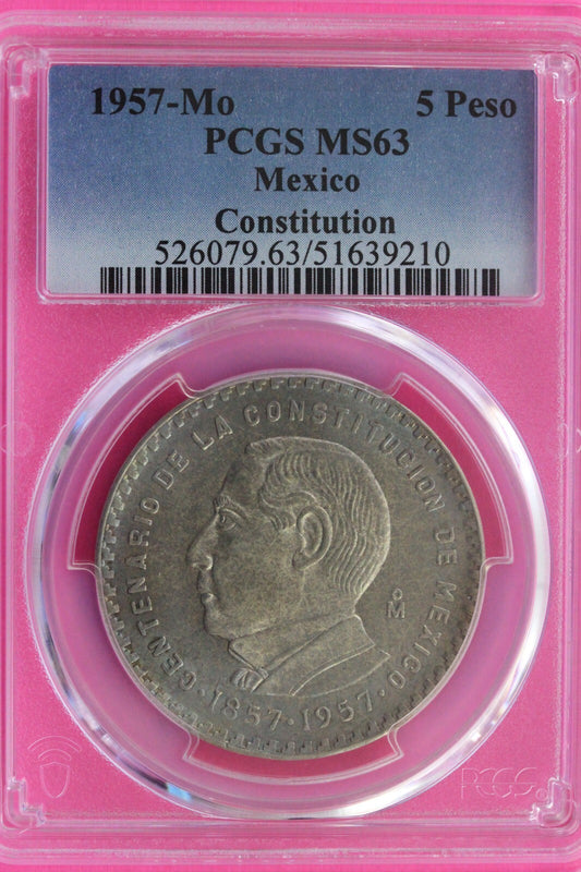 Toned 1957 MS 63 Mexico Constitution Silver Coin 5 Pesos PCGS Certified Slab 106