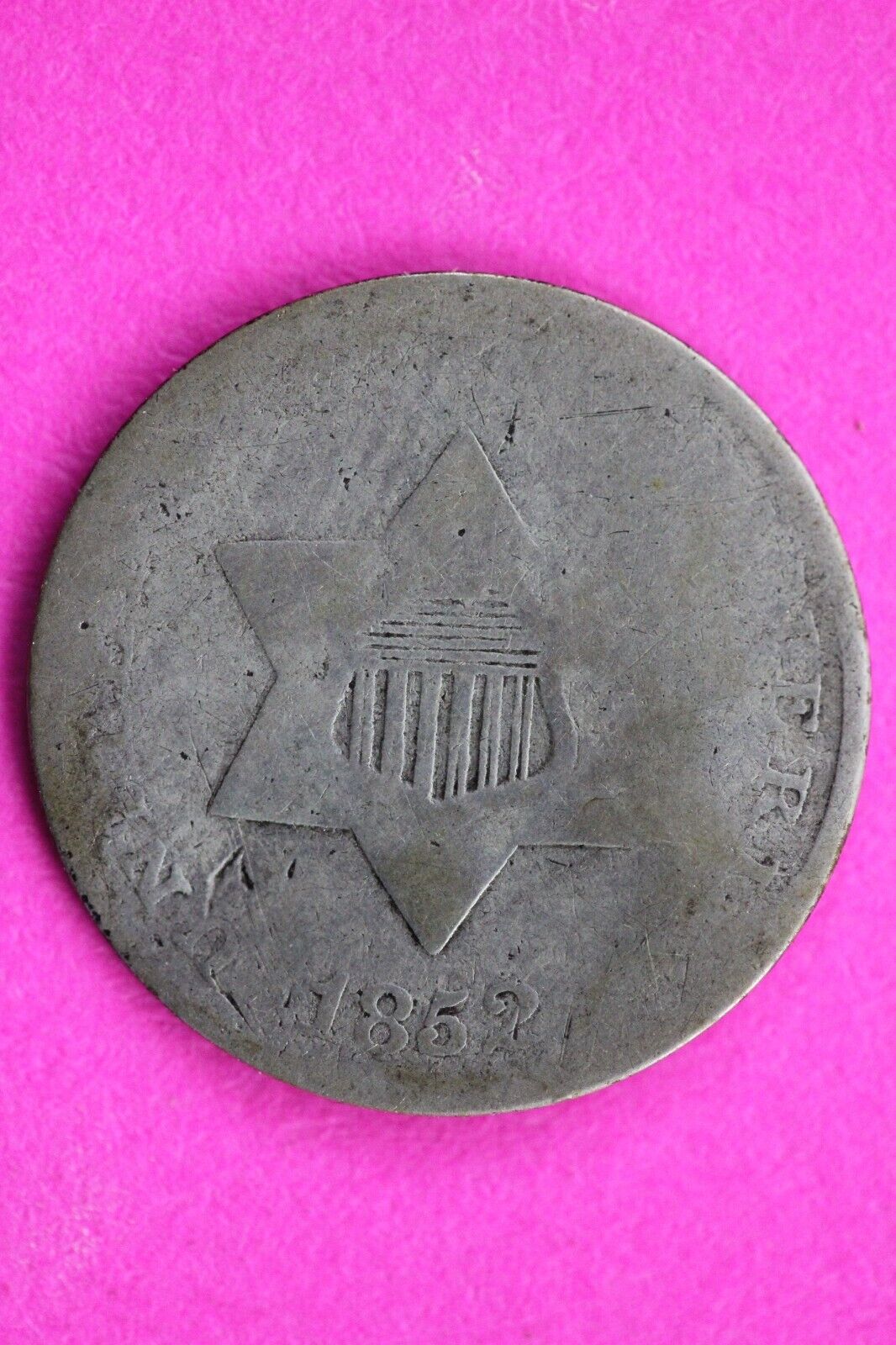 1852 Trime 3 Three Cent Silver Dime Low Grade Bent Filler Exact Coin Shown 03