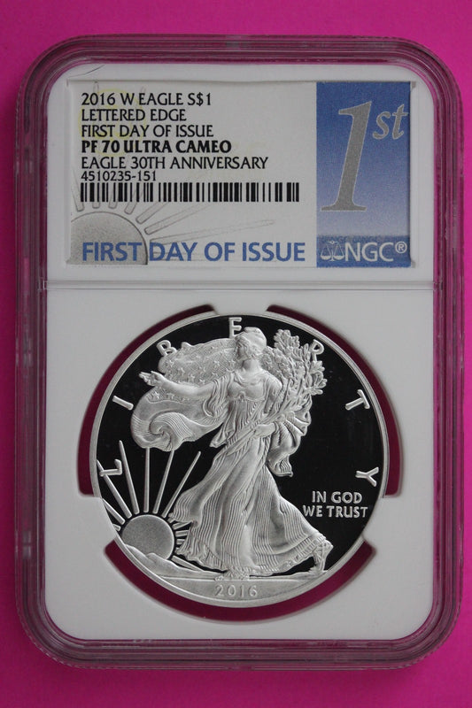 2016 W PF 70 Proof DCAM Silver American Eagle Lettered Edge NGC Authentic 275