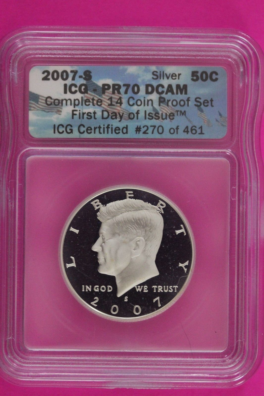 2007 S Silver PR 70 Deep Cameo John Kennedy Half Dollar ICG Certified Slab 77