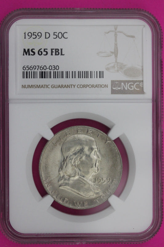 1959 D MS 65 Full Bell Lines Ben Franklin Silver Half Dollar NGC FBL Slab 1177