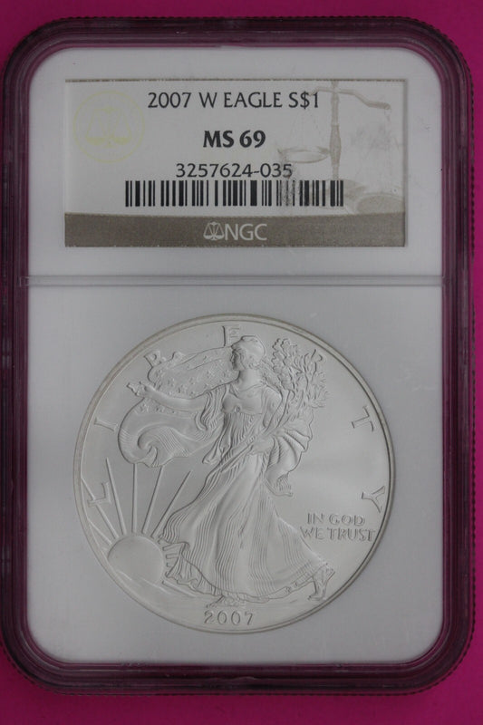 2007 W MS 69 Silver Eagle Coin 1 OZ .999 NGC Graded Certified Authentic Slab 496