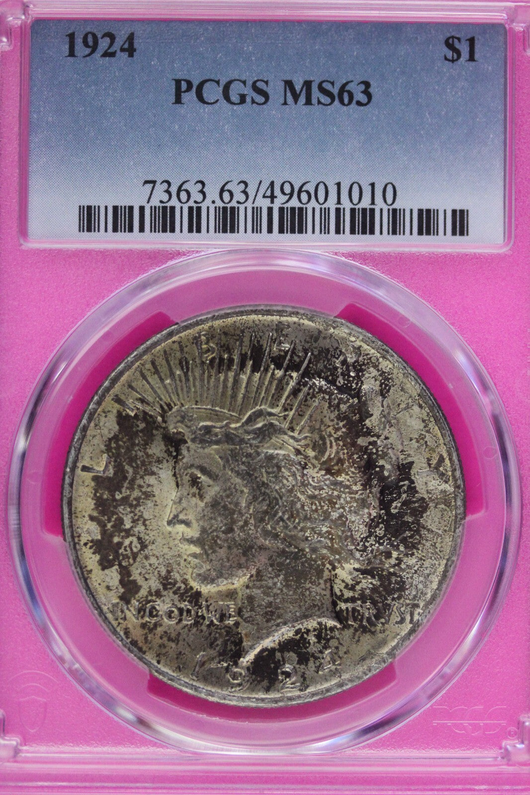 Toned 1924 P MS 63 Peace Silver Dollar PCGS Graded Certified Authentic Slab 395