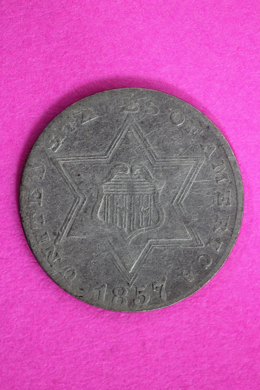 High Grade 1857 Trime 3 Three Cent Silver Dime Rare Semi Key Date Coin 132