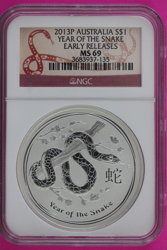 2013 P MS 69 Australia Year Of The Snake $1 Silver Coin NGC Certified Slab 962