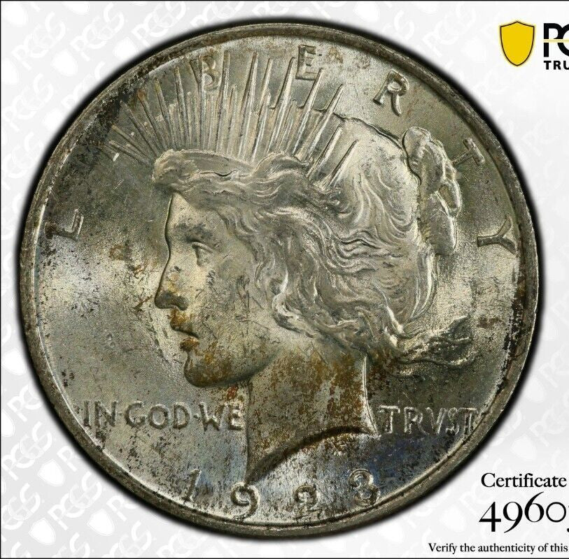Toned 1923 P MS 62 Peace Silver Dollar PCGS Graded Certified Authentic Slab 65