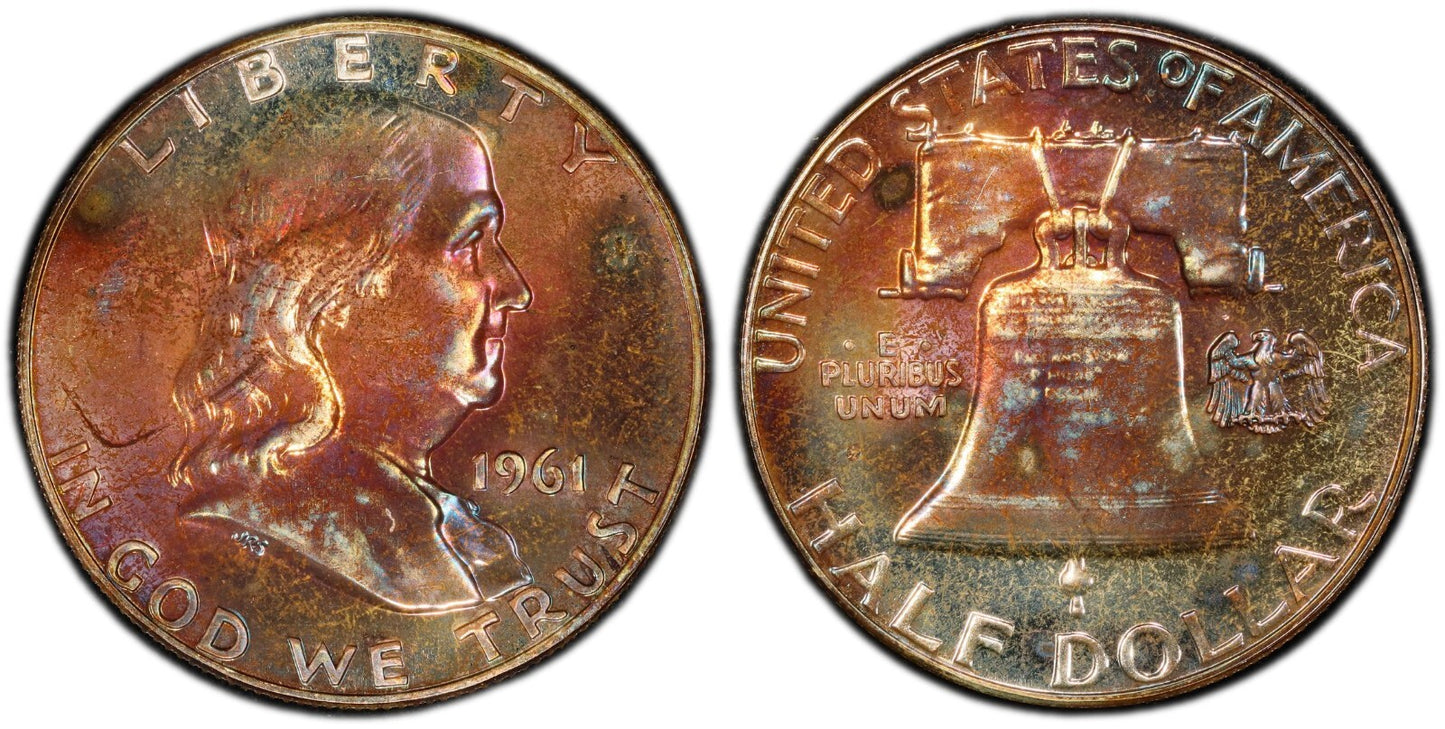 Rainbow Toned 1961 Silver PR 65 Ben Franklin Half PCGS Graded Authentic Slab 170