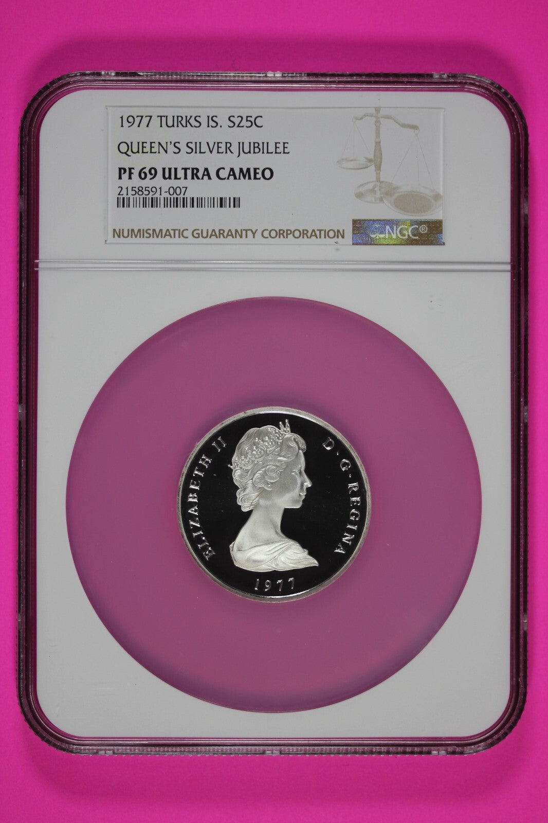 Pop 5 Only 1 Finer 1977 PF 69 Turks 25 Cr Queen's Silver Jubilee Silver NGC 7020