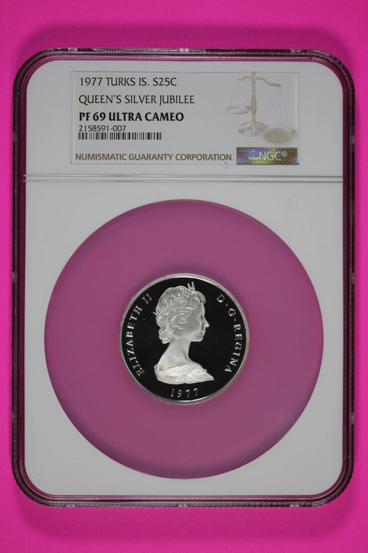 Pop 5 Only 1 Finer 1977 PF 69 Turks 25 Cr Queen's Silver Jubilee Silver NGC 7020