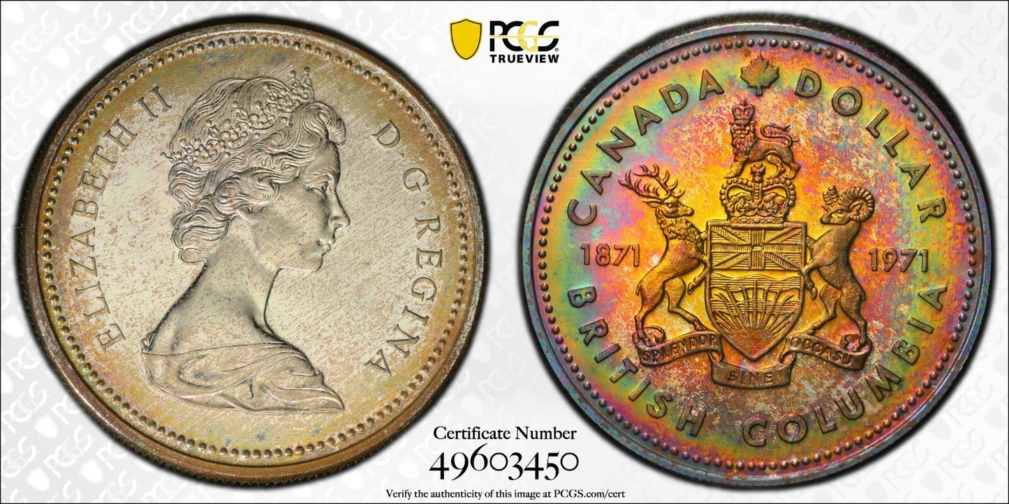 Rainbow Toned 1971 SP 67 Canada British Columbia Silver Dollar PCGS Graded 727
