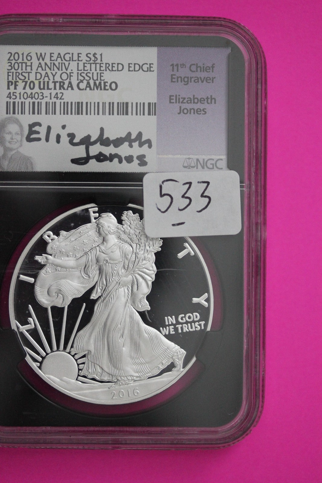 2016 W PF 70 Proof DCAM Silver American Eagle Lettered Edge NGC Jones Sig 533