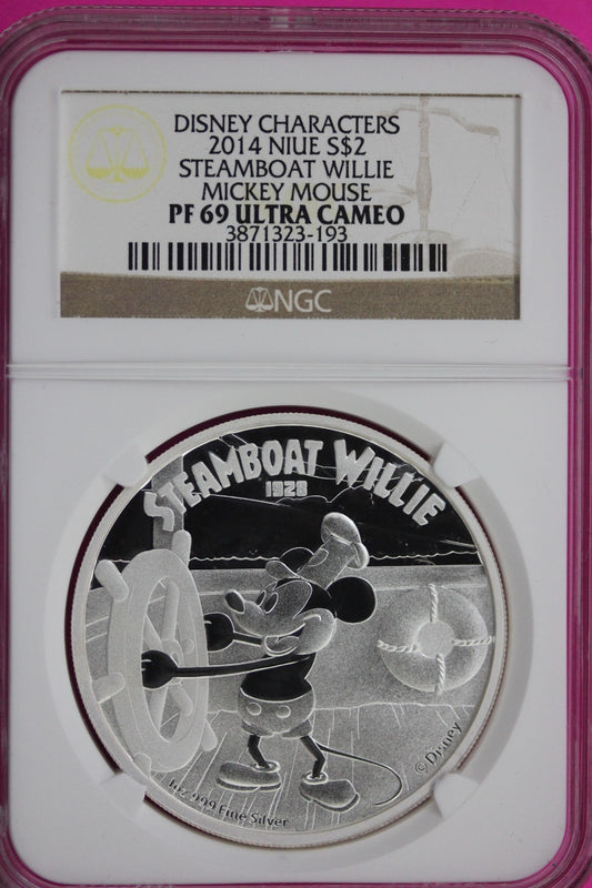 2014 Steamboat Willie PF 69 1 Ounce .999 Silver $2 Coin Niue NGC Certified 133