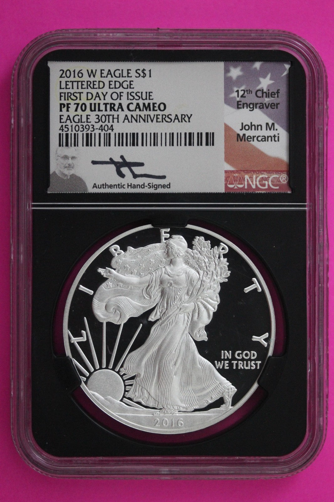 2016 W PF 70 Proof DCAM Silver American Eagle Lettered Edge NGC Mercanti Sig 285