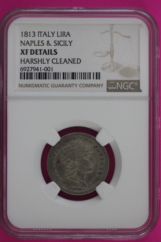 1813 XF Details Italy Lira Naples & Sicily Harshly Cleaned Silver Coin NGC 109