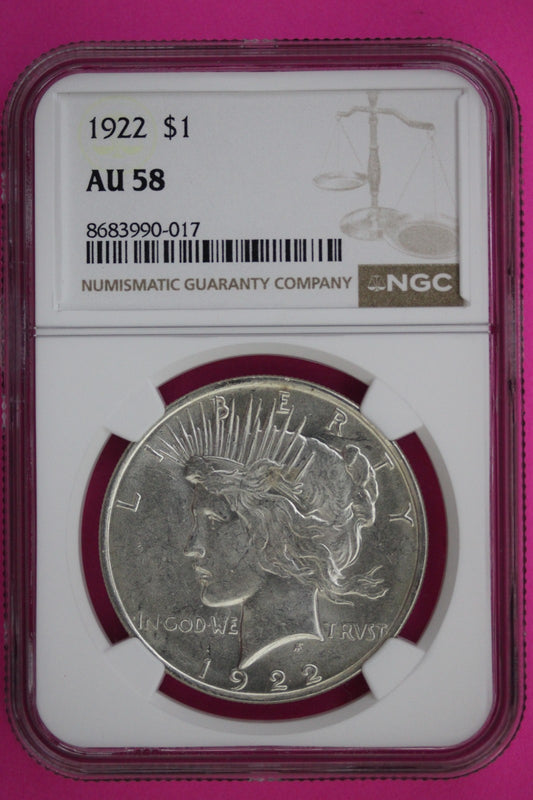1922 P AU 58 Liberty Peace Silver Dollar NGC Certified Graded Authentic 589
