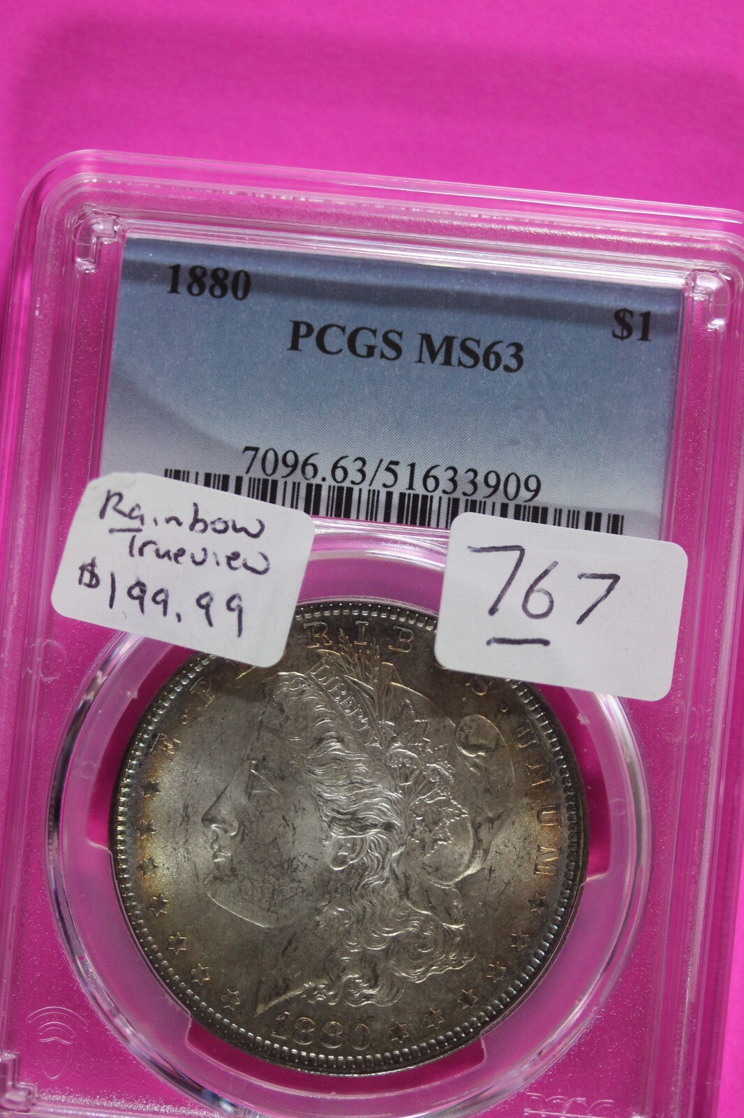 Rainbow Toned 1880 P MS 63 Liberty Morgan Silver Dollar PCGS Certified Slab 767