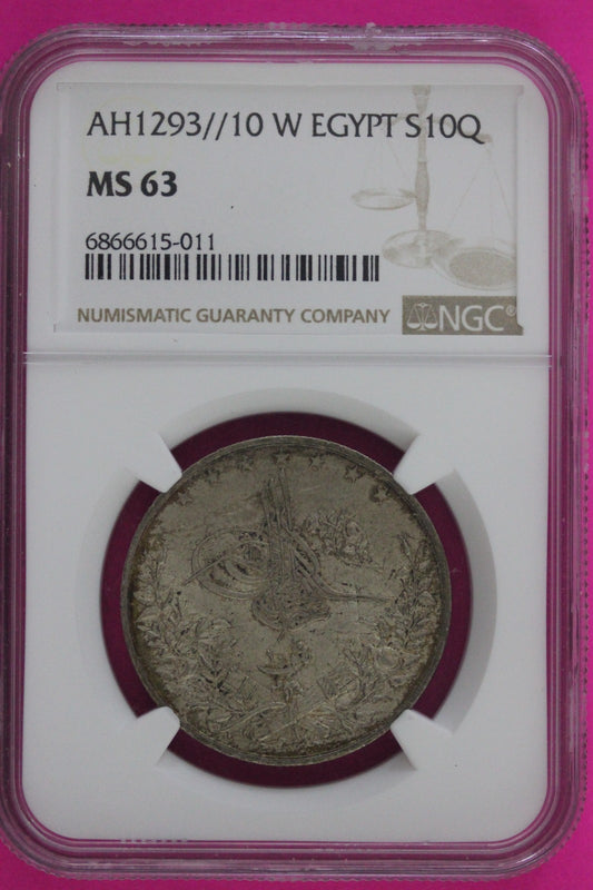 AH1293 10 W Egypt S 10 Quirsh MS 63 Silver Coin NGC Certified Graded Slab 99