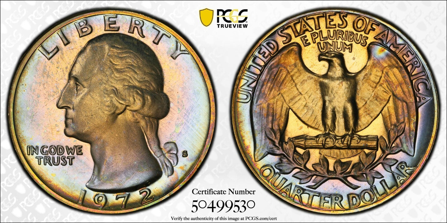 Toned 1972 S PR 68 CAM Washington Quarter PCGS Graded Certified Authentic 83