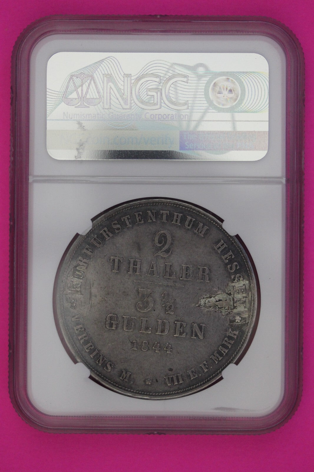 1844 Germany 2 Thaler Hesse-Cassel AU Details Mount Removed NGC Slab 1093