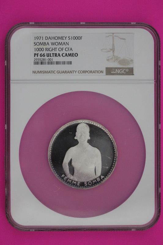 1971 PF 66 Dahomey Somba Woman 1000 Francs  1.65 Ounces .999 Silver NGC 7005