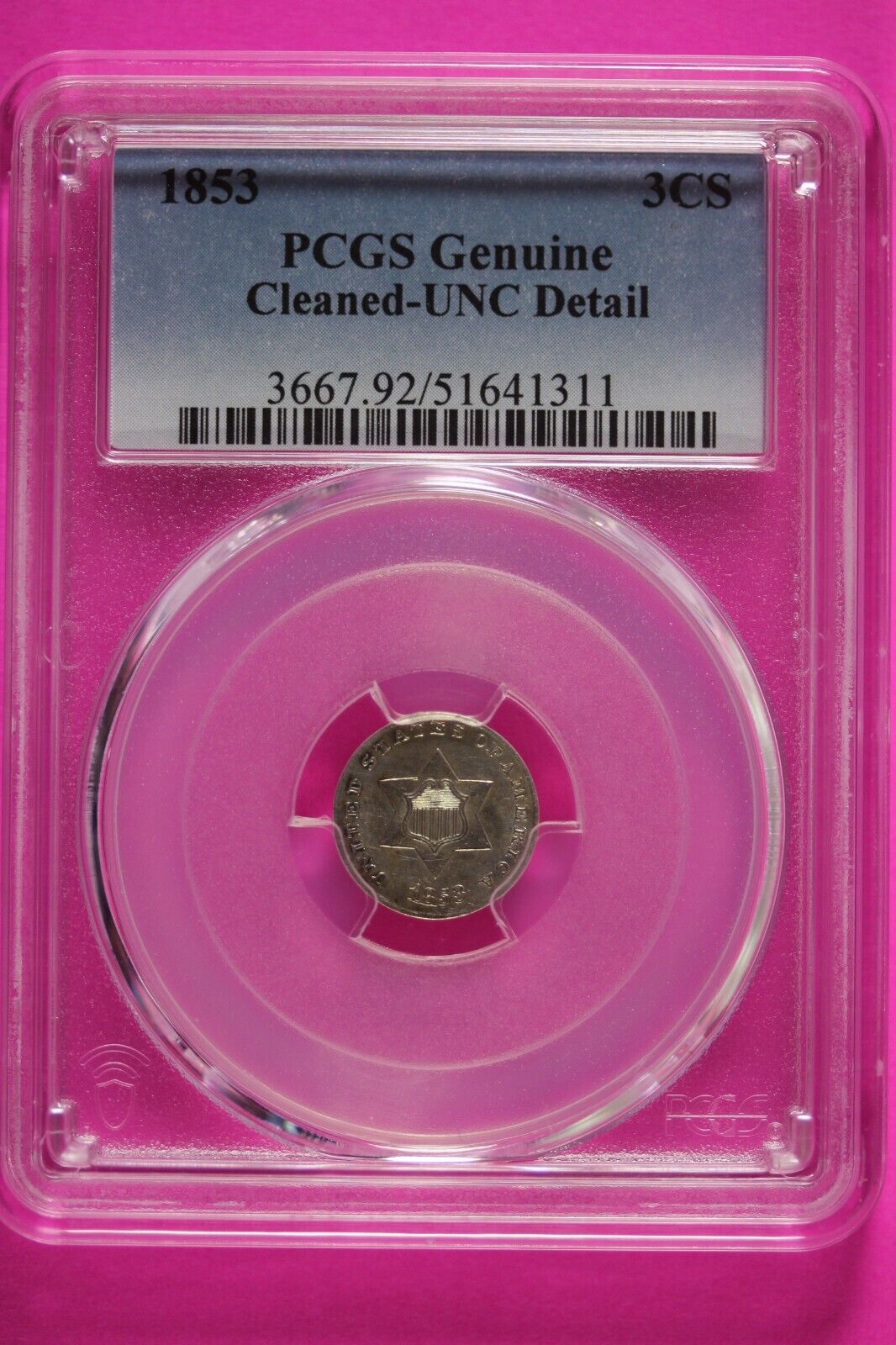 1853 Unc Detail Trime 3 Three Cent Silver Dime PCGS Genuine Cleaned Slab 934