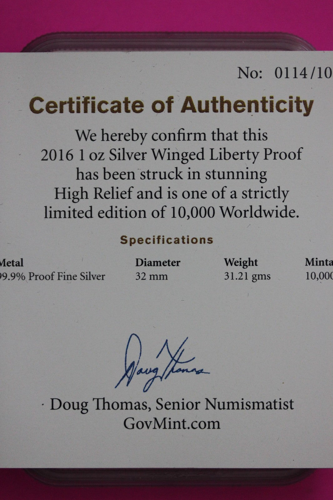 2016 PF 70 Saint-Gaudens Hi Relief Commem 1 OZ Silver Mercanti Sig NGC COA 6071