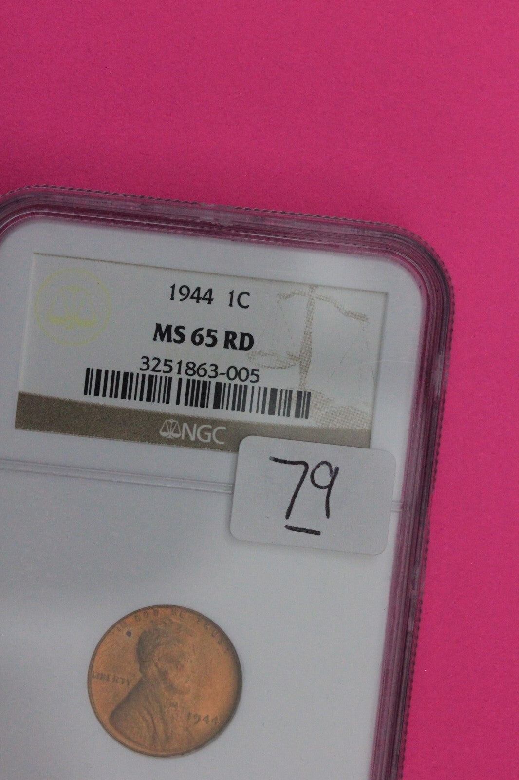 1944 P MS 65 RD Lincoln Wheat Cent Penny NGC Graded Certified Authentic Slab 79