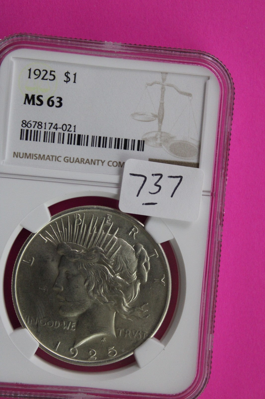 1925 P MS 63 Liberty Peace Silver Dollar NGC Certified Graded Authentic 737