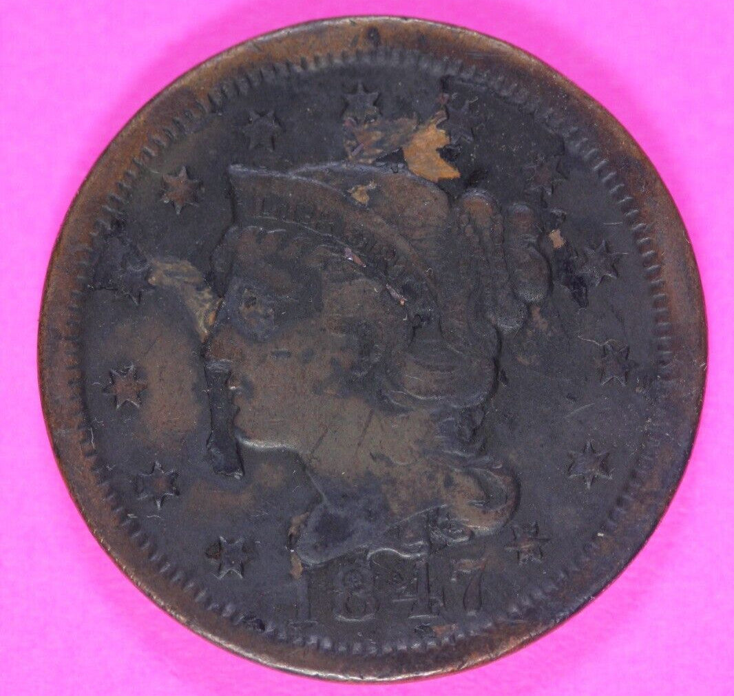 Major Lamination Mint Error 1847 Large Cent Braided Hair Rare Early Type Coin 15