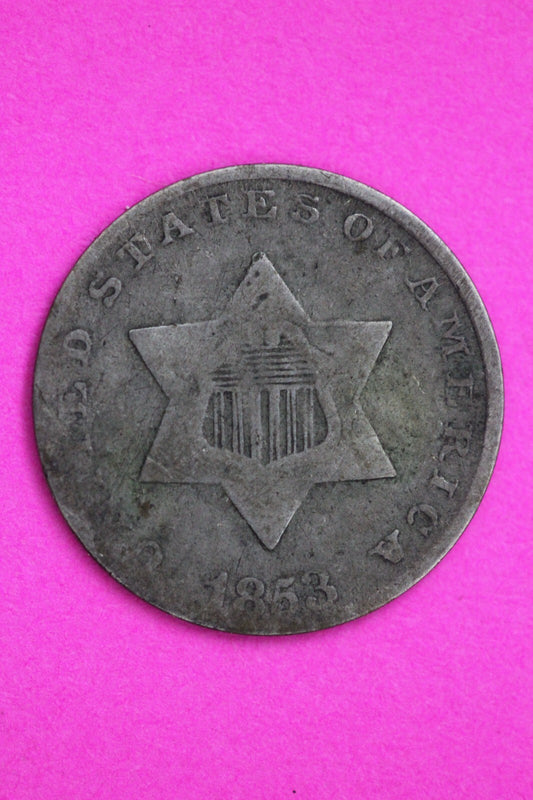 1853 Trime 3 Three Cent Silver Dime Guaranteed & Authentic Coin Semi Key 1212
