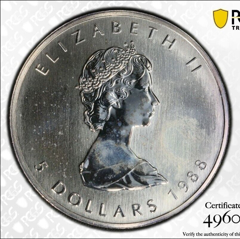 Rainbow Toned 1988 MS 67 Canada Maple Leaf Silver 5 Dollar PCGS Graded Slab 736