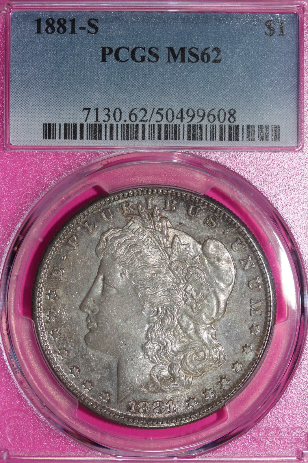 Toned 1881 S MS 62 Morgan Liberty Silver Dollar PCGS Certified Graded Slab 218