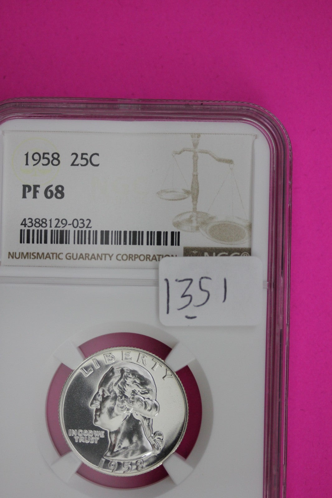 1958 PF 68 Proof Washington Silver Quarter NGC Certified Graded Authentic 1351