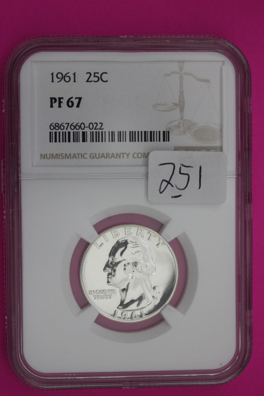 1961 PF 67 Proof Washington Silver Quarter NGC Certified Graded Authentic 251