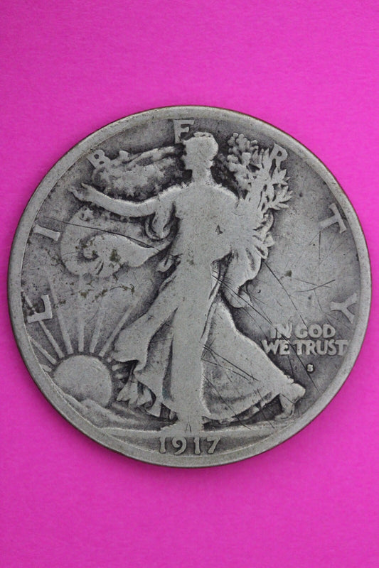 1917 S Obverse Mint Mark Walking Liberty Walker Half Dollar Coin Scratches 0443N