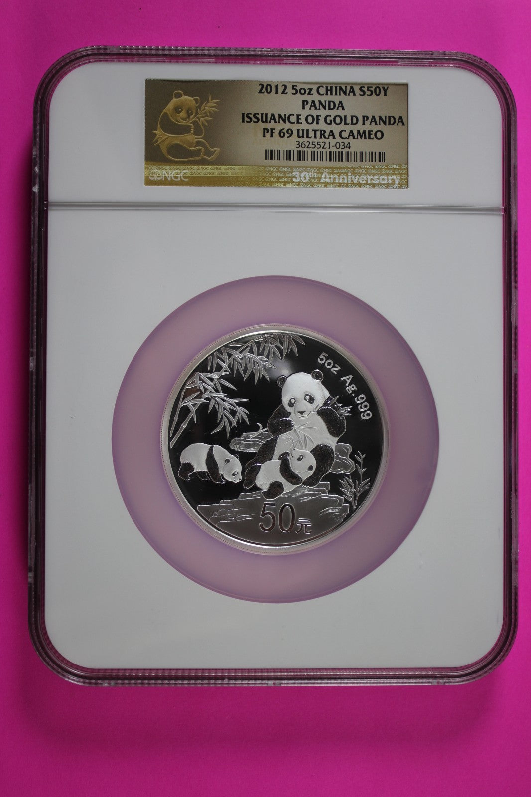 2012 PF 69 5 OZ Silver Panda Ultra Cameo 30th Anniversary Issuance NGC COA 8017