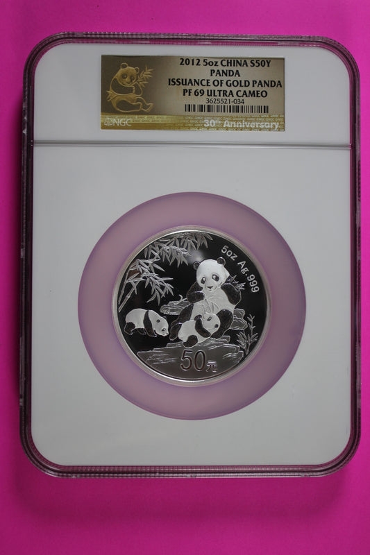 2012 PF 69 5 OZ Silver Panda Ultra Cameo 30th Anniversary Issuance NGC COA 8017