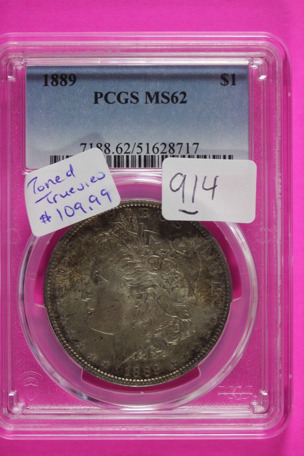 Toned 1889 P MS 62 Liberty Morgan Silver Dollar PCGS Certified Graded Slab 914