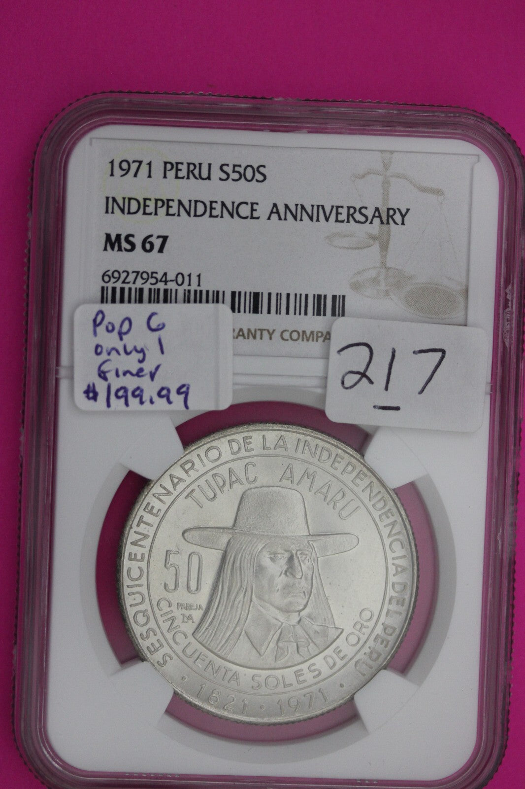 Pop 6 Only 1 Finer 1971 MS 67 Peru 50 Soles Silver Coin NGC Certified Graded 217