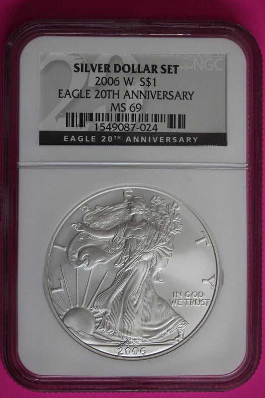 2006 W MS 69 Silver Eagle 20th Anniversary Silver Dollar Set NGC Graded Slab 490