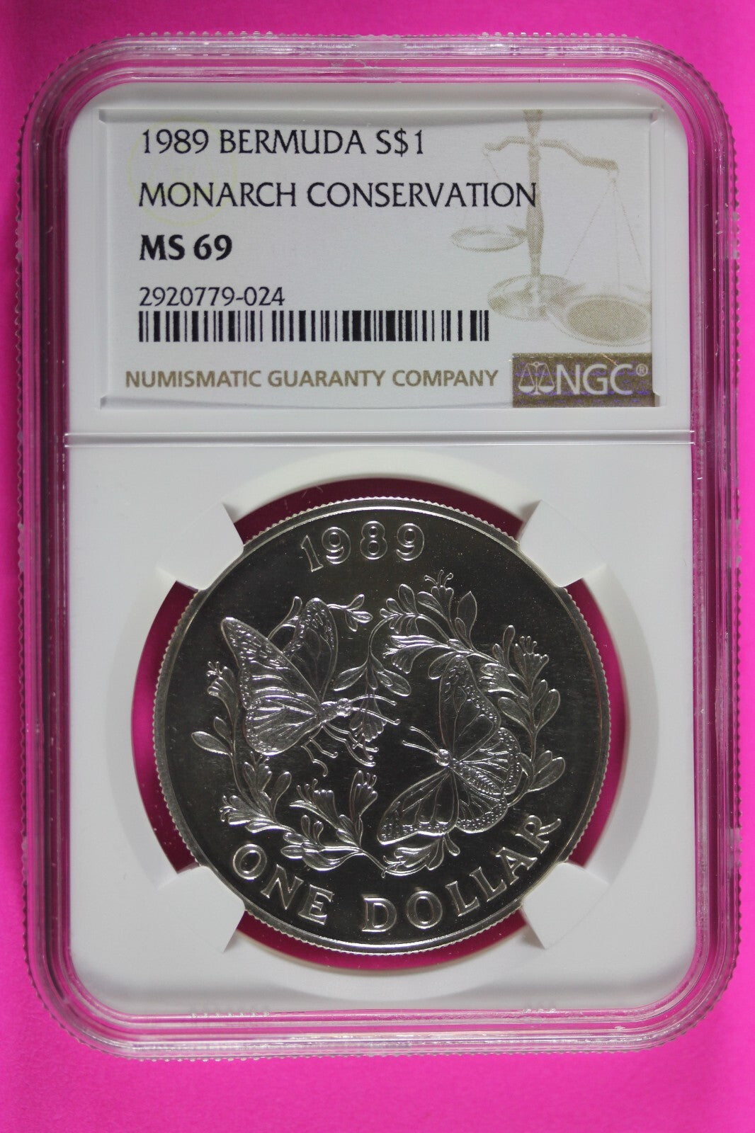 1989 MS 69 Bermuda Monarch Conservation $1 Dollar NGC Certified Graded Slab 485